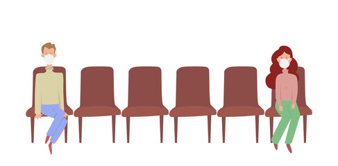 Two people sitting distance apart on row of chairs