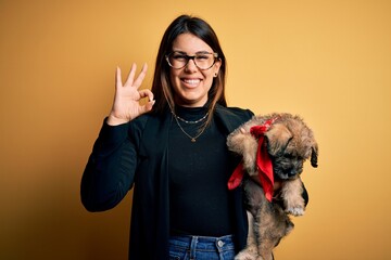 Young beautiful brunette woman holding cute puppy pet over isolated yellow background doing ok sign with fingers, excellent symbol