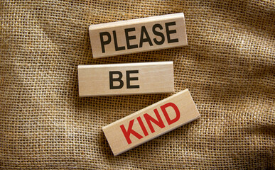 Wooden blocks form the text 'please be kind' on beautiful canvas background.