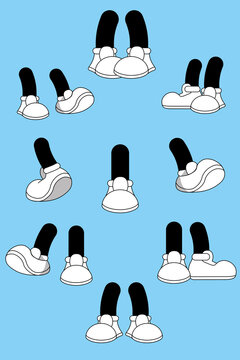 Cartoon legs on blue background. animated hands show different gestures. Cute leg in boots  collection 