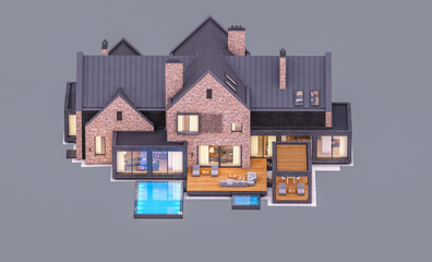 3d rendering of modern cozy clinker house on the ponds with garage and pool for sale or rent in evening with cozy light from window. Isolated on gray