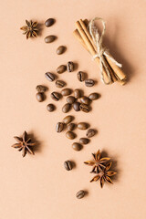 Obraz na płótnie Canvas Coffee beans and spices. Top view.