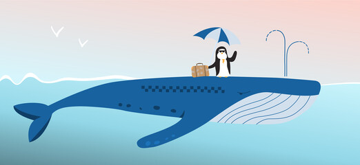 Penguin traveler rides a whale taxi