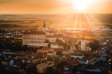 Overlooking beautiful Mikulov castle, Chateau  from Saint Hill while sunset. Wine region. South Moravia, Czech Republic.