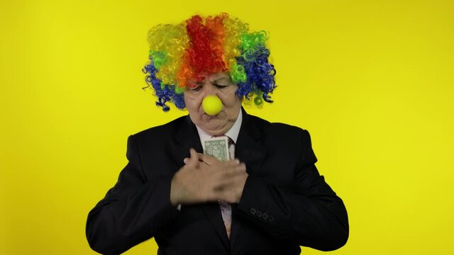 Clown businesswoman entrepreneur in wig holds one buck money income and loses it