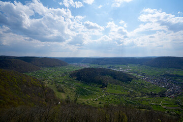 Lookout panoramic view in a valley of the swabian alp in south germany