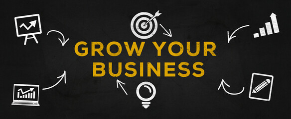 Creative Illustration text Design (grow your business) on dark asphalt texture.