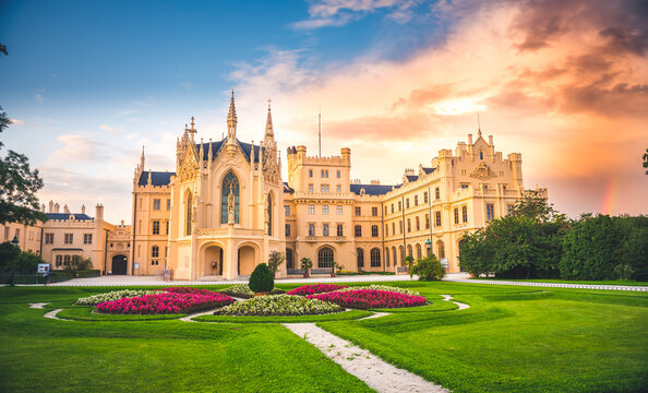 Lednice Chateau with beautiful gardens and parks on sunny summer day.  Lednice-Valtice  Landscape, South Moravian region. UNESCO World Heritage Site.