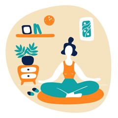 Woman meditating at home. Woman in yoga pose, lotus position. Fitness at home, home workout. Vector flat illustration