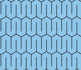 Abstract seamless vector pattern. Hexagonal tessellation. Light blue stripes of serpentine shapes with black outline. Modern and simple geometric ornament, perfect background or textile print.