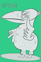 Sketch. Funny fat crow on a blue background with the inscription Crow