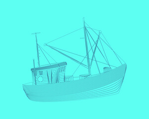 Marine graphic illustration. Fisherboat consist of lines. Digital element design  for business cards, invitations, gift cards, flyers and brochures, web.