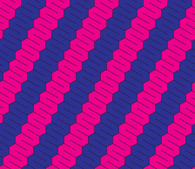 Abstract seamless vector pattern. Hexagonal tessellation. Magenta and purple stripes of serpentine shapes with black outline. Modern and simple geometric ornament, perfect background or textile print.