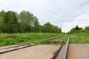 view from railroad crossing to abandoned rail track overgrown with grass in Russia