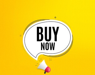 Buy Now. Megaphone banner with chat bubble. Special offer price sign. Advertising Discounts symbol. Loudspeaker with speech bubble. Buy now promotion text. Social Media banner. Vector