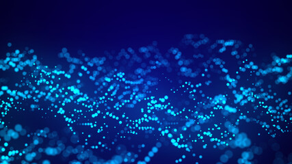 Digital blue background of particles. Abstract futuristic dynamic background. Big data visualization. 3D rendering.