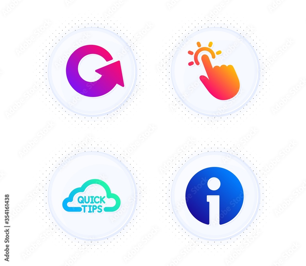 Poster quick tips, touchpoint and reload icons simple set. button with halftone dots. info sign. helpful tr