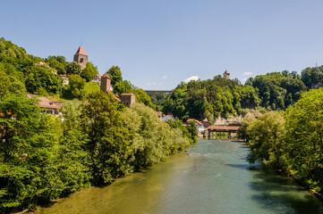 Fribourg, Freiburg, Sarine, Saane, Fluss, Bernbrücke, Pont de Berne, Holzbrücke, Brücke,...