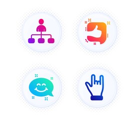 Smile chat, Management and Like icons simple set. Button with halftone dots. Horns hand sign. Happy emoticon, Agent, Thumb up. Gesture palm. People set. Gradient flat smile chat icon. Vector