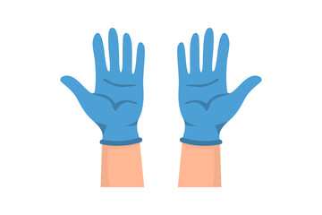Hands in medical gloves. Hands put on rubber gloves to prevent infection and bacteria getting. Latex protective gloves. Vector illustration flat design protection against viruses and bacteria