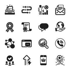 Set of Technology icons, such as Smartphone buying, Loyalty points. Certificate, approved group, save planet. Integrity, Methodology, Talk bubble. Seo analysis, Typewriter, Call center. Vector