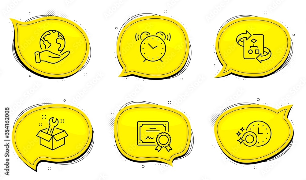 Poster alarm clock sign. diploma certificate, save planet chat bubbles. technical algorithm, dishwasher tim