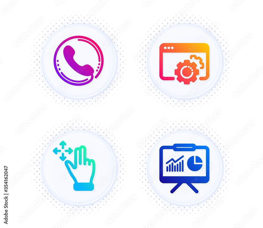 Poster move gesture, call center and seo gear icons simple set. button with halftone dots. presentation sig