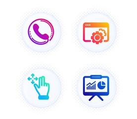 Move gesture, Call center and Seo gear icons simple set. Button with halftone dots. Presentation sign. Swipe, Phone support, Settings. Board with charts. Technology set. Vector