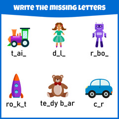 Write the missing letter. Worksheet for education. Fill in the missing letter. Mini-game for children.