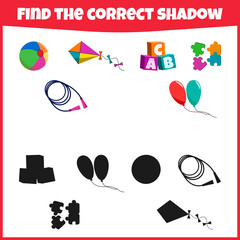 Educational game for children. Find the correct shadow. The toys. Mini-game for children.