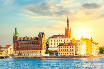 Fototapeta na wymiar Scenic summer sunset panorama of the Old Town Gamla Stan architecture in Stockholm, Sweden