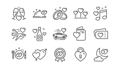 Honeymoon line icons set. Marriage rings, Wedding car, love. Bridal champagne, Valentine heart icons. Couple tickets, honeymoon travel, married night. Wedding love music. Linear set. Vector