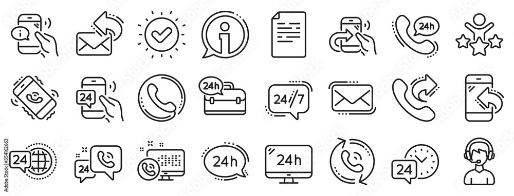 Poster set of callback or feedback, call support and chat message icons. processing line icons. 24 hour ser