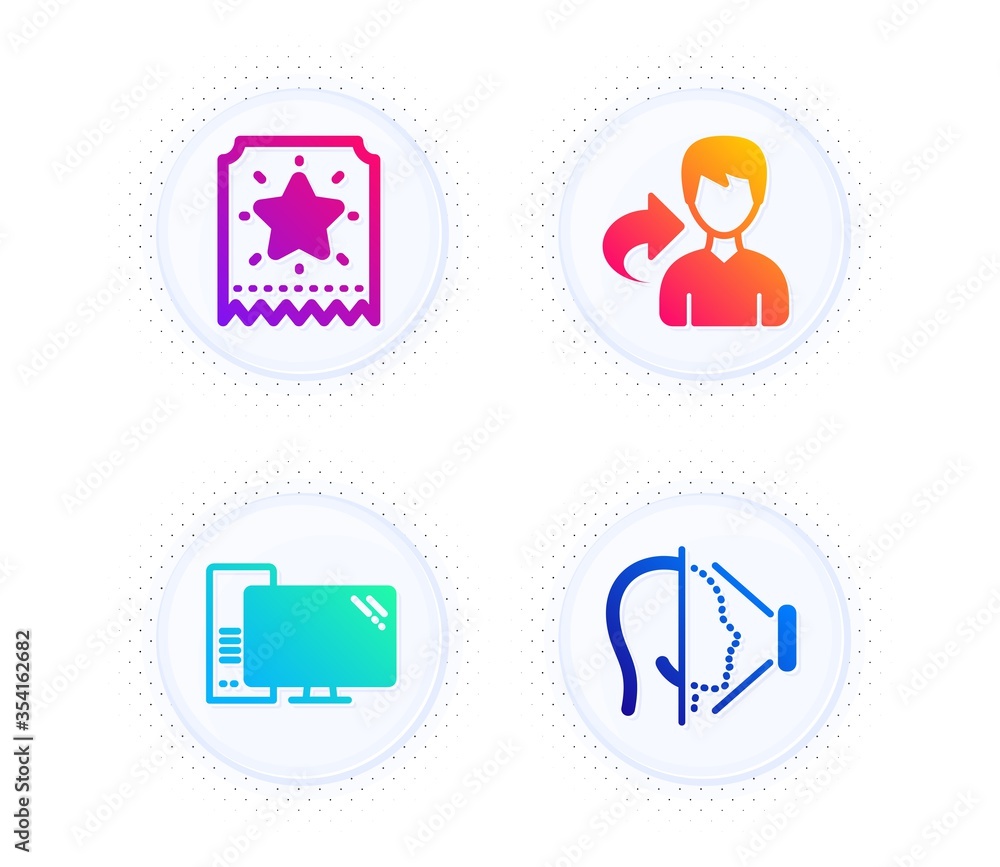 Poster computer, share and loyalty ticket icons simple set. button with halftone dots. face id sign. pc com