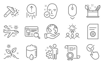 Set of Business icons, such as Hammer blow, Airplane travel. Diploma, ideas, save planet. Drop counter, Creativity concept, Grow plant. Swipe up, Checkbox, Employee. Vector