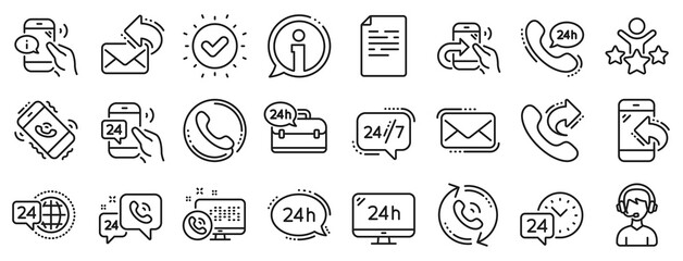 Set of Callback or feedback, Call support and Chat message icons. Processing line icons. 24 hour service, Call centre, 24/7. Telephone callback, support message, feedback phone center. Vector