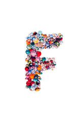 Letter F made from beautiful glass bright gems or crystals on isolated white background