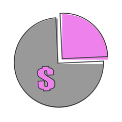 Vector image of a circle with a carved sector. Vector icon of a pie chart of the division of money cartoon style on white isolated background.