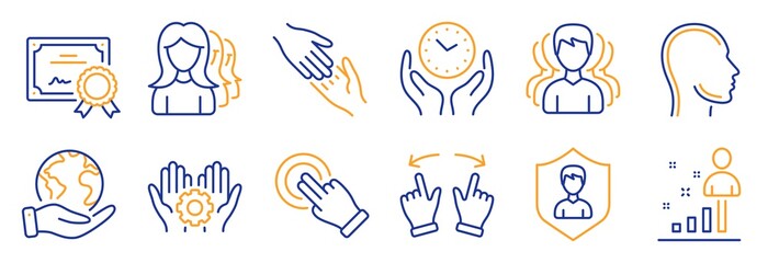 Set of People icons, such as Head, Stats. Certificate, save planet. Touchscreen gesture, Helping hand, Employee hand. Safe time, Security agency, Women headhunting. Vector