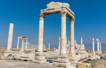 Ruins of the ancient city of Laodikeia in Pamukkale, Denizli, Turkey