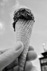 Black and white raspberry sorbet in a cone 
