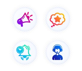 Time management, Loyalty star and Megaphone icons simple set. Button with halftone dots. Consultant sign. Alarm clock, Bonus reward, Brand advertisement. Call center. Technology set. Vector