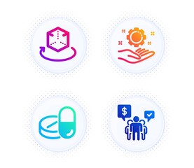 Medical drugs, Employee hand and Augmented reality icons simple set. Button with halftone dots. Teamwork sign. Medicine pills, Work gear, Virtual reality. Employees chat. Science set. Vector