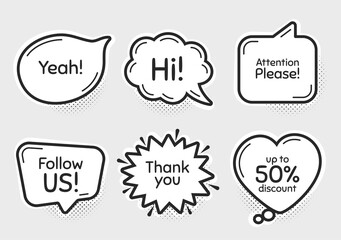 Comic chat bubbles. Follow us, 50% discount and attention please. Thank you, hi and yeah phrases. Sale shopping text. Chat messages with phrases. Drawing texting thought speech bubbles. Vector