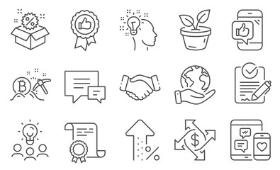 Set of Business icons, such as Sale, Idea. Diploma, ideas, save planet. Increasing percent, Handshake, Bitcoin mining. Rfp, Mobile like, Payment exchange. Vector