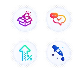 Approved, Increasing percent and Megaphone box icons simple set. Button with halftone dots. Chemistry pipette sign. Chat message, Discount, Brand marketing. Laboratory. Technology set. Vector