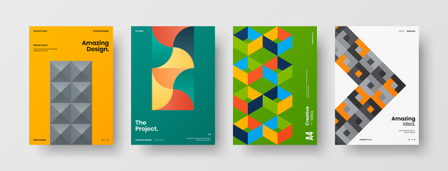 Obraz premium Company identity brochure template collection. Business presentation vector A4 vertical orientation front page mock up set. Corporate report cover abstract geometric illustration design layout bundle.