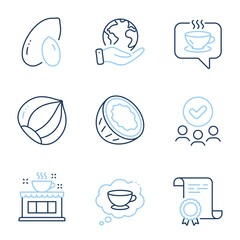 Coffee, Coffee cup and Hazelnut line icons set. Diploma certificate, save planet, group of people. Peanut, Coconut signs. Cafe, Think bubble, Vegetarian nut. Tea house. Food and drink set. Vector