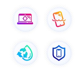 Recycle water, Seo laptop and Smartphone waterproof icons simple set. Button with halftone dots. Smartphone protection sign. Refill aqua, Search engine, Phone. Business set. Vector