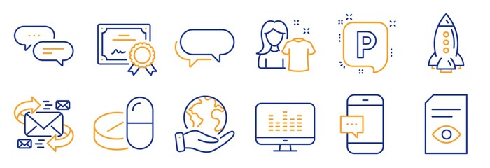 Set of Business icons, such as View document, Smartphone message. Certificate, save planet. E-mail, Parking, Music making. Clean shirt, Medical drugs, Messenger. Vector